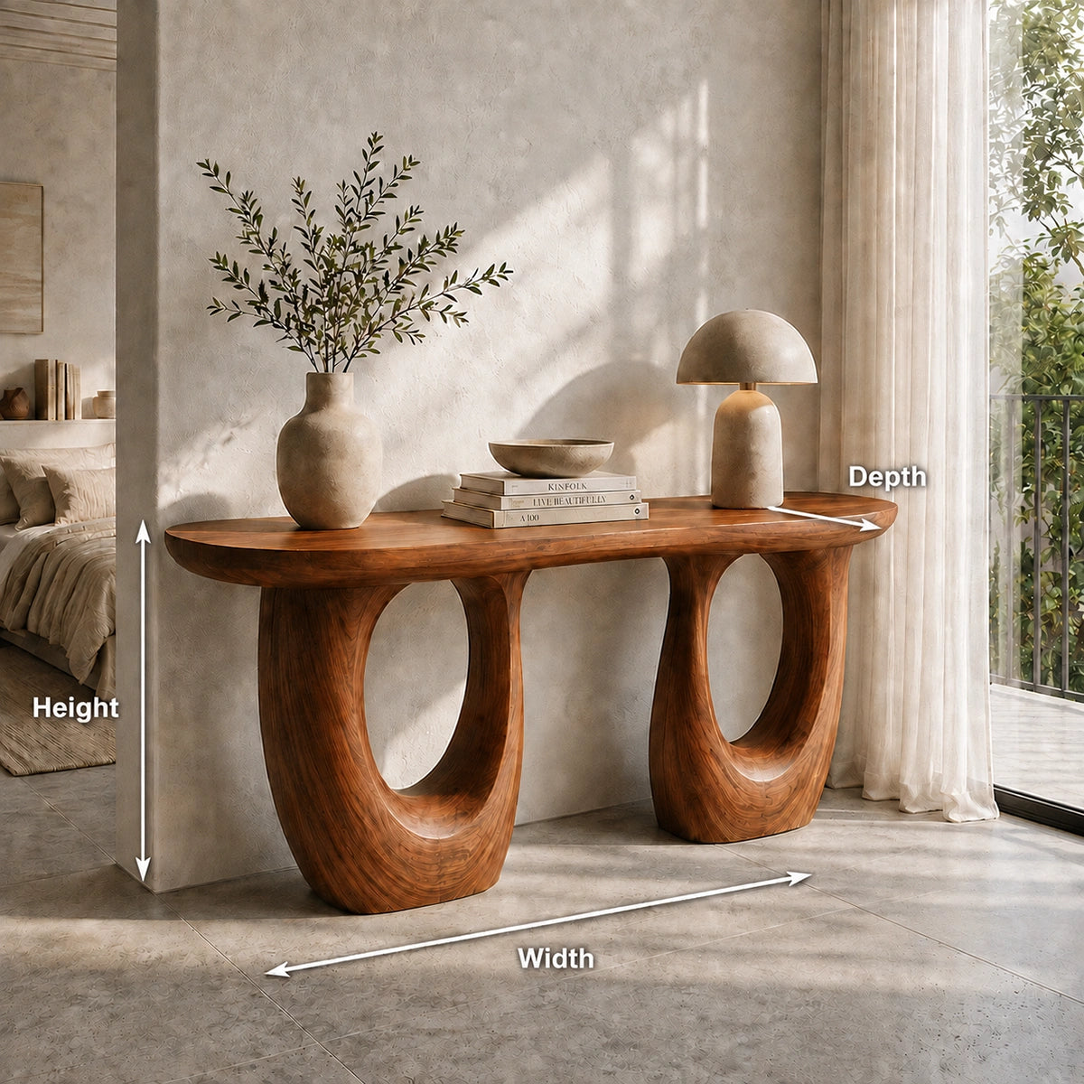 Console Table with Biomorphic Oval Cutouts in Natural Solid Wood. - Woodenecho - 5