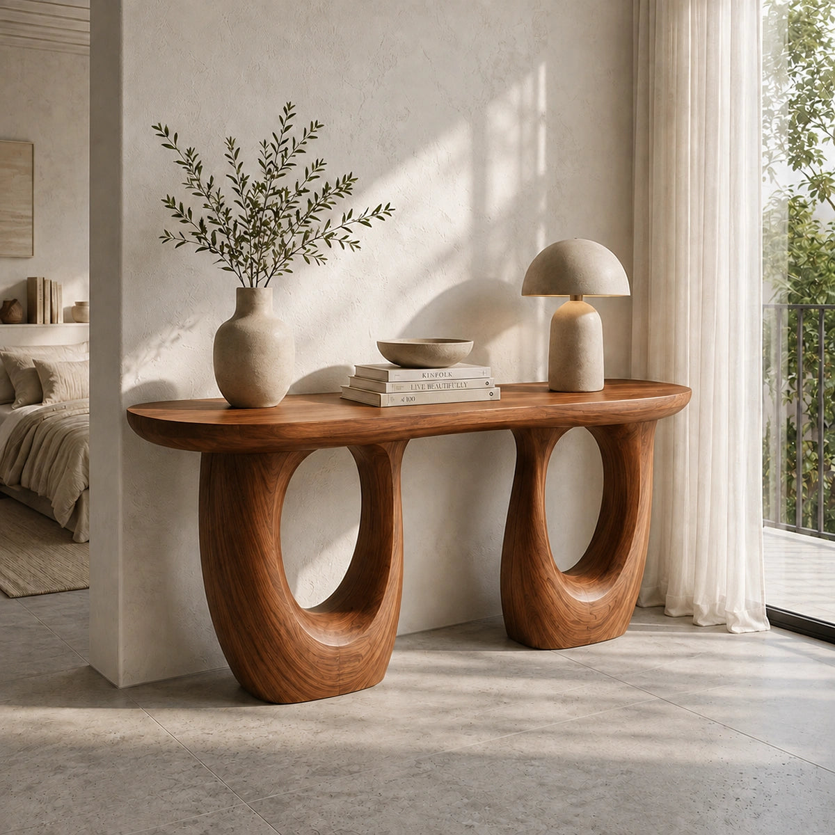 Console Table with Biomorphic Oval Cutouts in Natural Solid Wood. - Woodenecho - 6