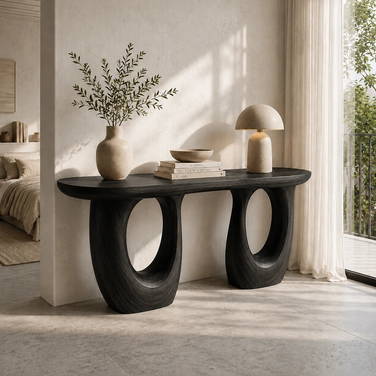 Console Table with Biomorphic Oval Cutouts in Natural Solid Wood. - Woodenecho - 7