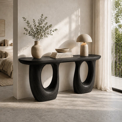 Console Table with Biomorphic Oval Cutouts in Natural Solid Wood. - Woodenecho - 7