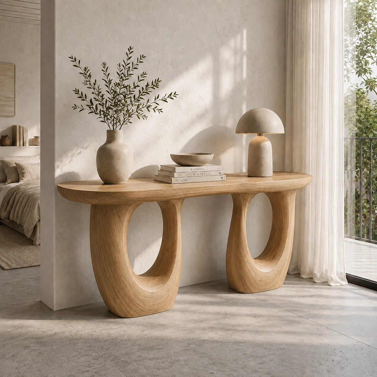 Console Table with Biomorphic Oval Cutouts in Natural Solid Wood. - Woodenecho - 8
