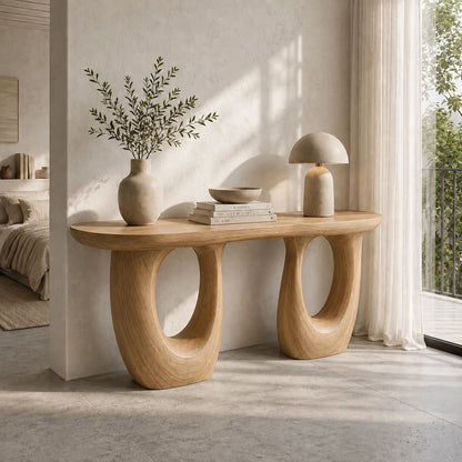 Console Table with Biomorphic Oval Cutouts in Natural Solid Wood. - Woodenecho - 8