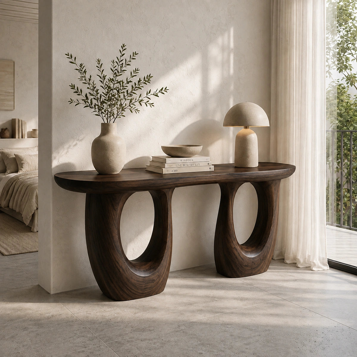 Console Table with Biomorphic Oval Cutouts in Natural Solid Wood. - Woodenecho - 9
