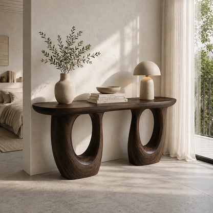 Console Table with Biomorphic Oval Cutouts in Natural Solid Wood. - Woodenecho - 9
