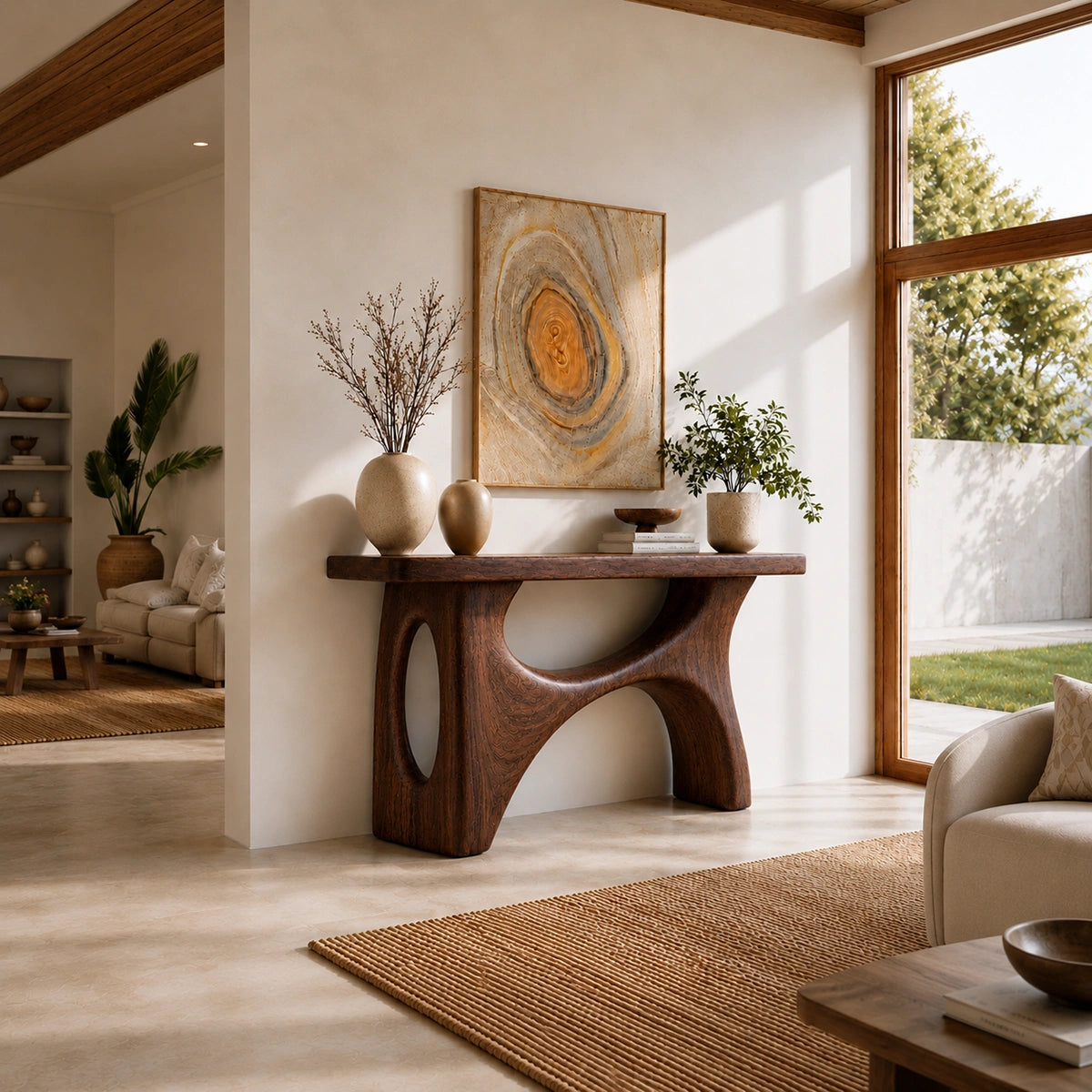 Console Table with Biomorphic Oval Cutouts in Natural Solid Woods - Woodenecho - 1