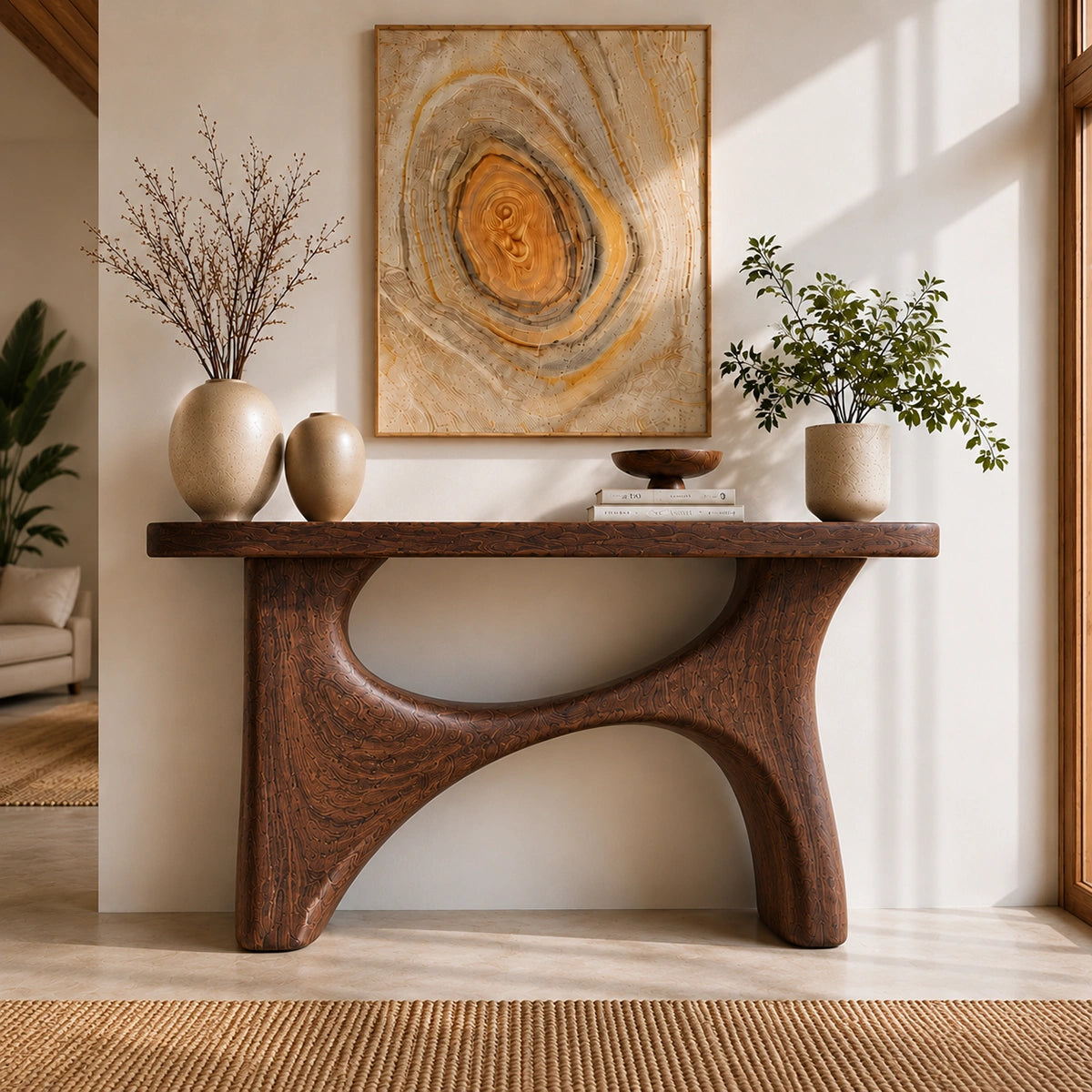 Console Table with Biomorphic Oval Cutouts in Natural Solid Woods - Woodenecho - 2