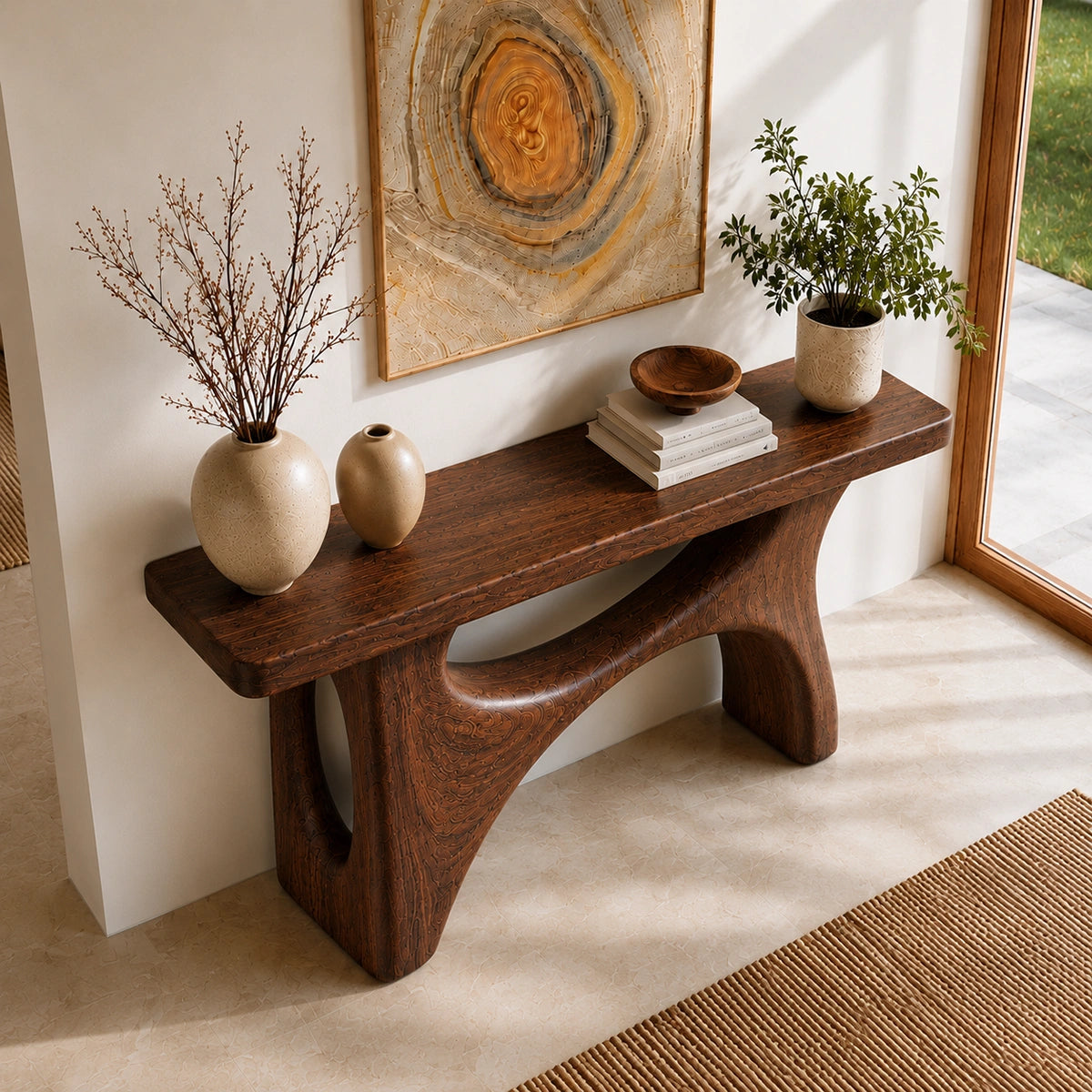 Console Table with Biomorphic Oval Cutouts in Natural Solid Woods - Woodenecho - 4