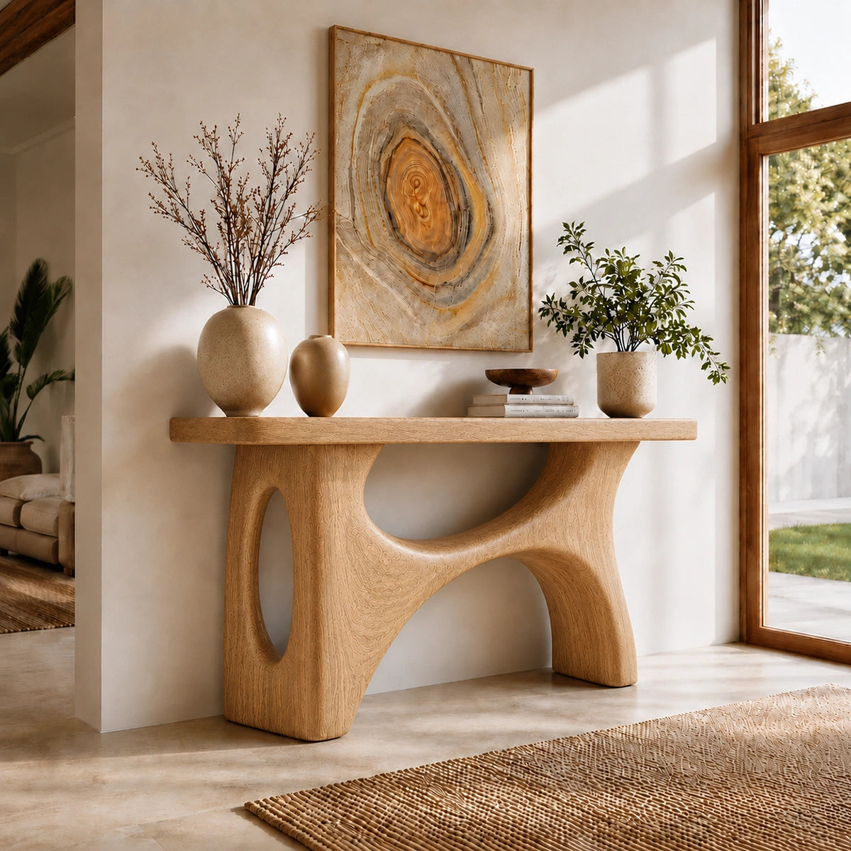 Console Table with Biomorphic Oval Cutouts in Natural Solid Woods - Woodenecho - 9