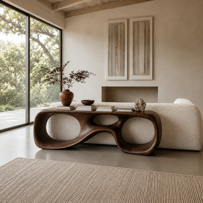 Console Table with Biomorphic Oval Openings in Natural Solid Wood - Woodenecho - 1