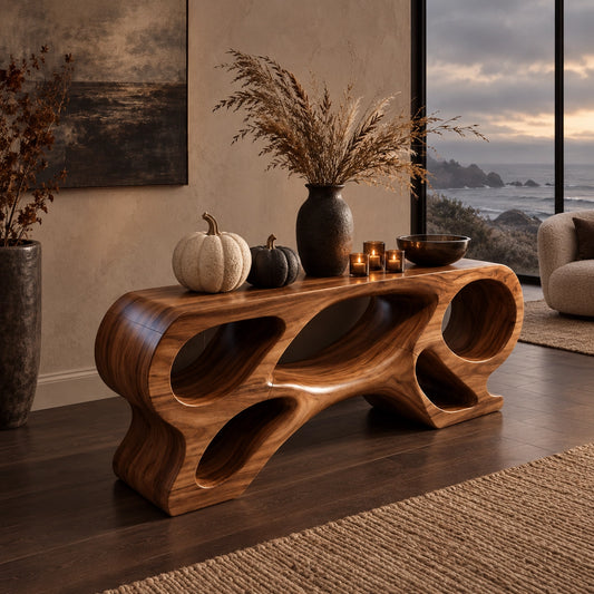 Console Table with Biomorphic Oval Openings in Natural Solid Wood - Woodenecho - 1