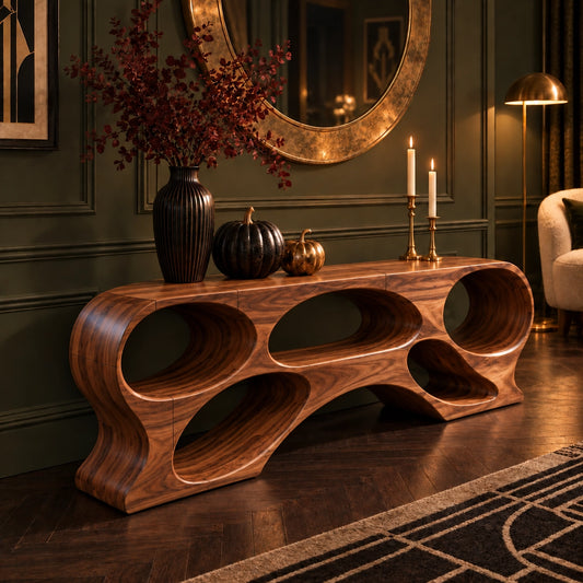 Console Table with Biomorphic Oval Openings in Natural Solid Wood - Woodenecho - 1