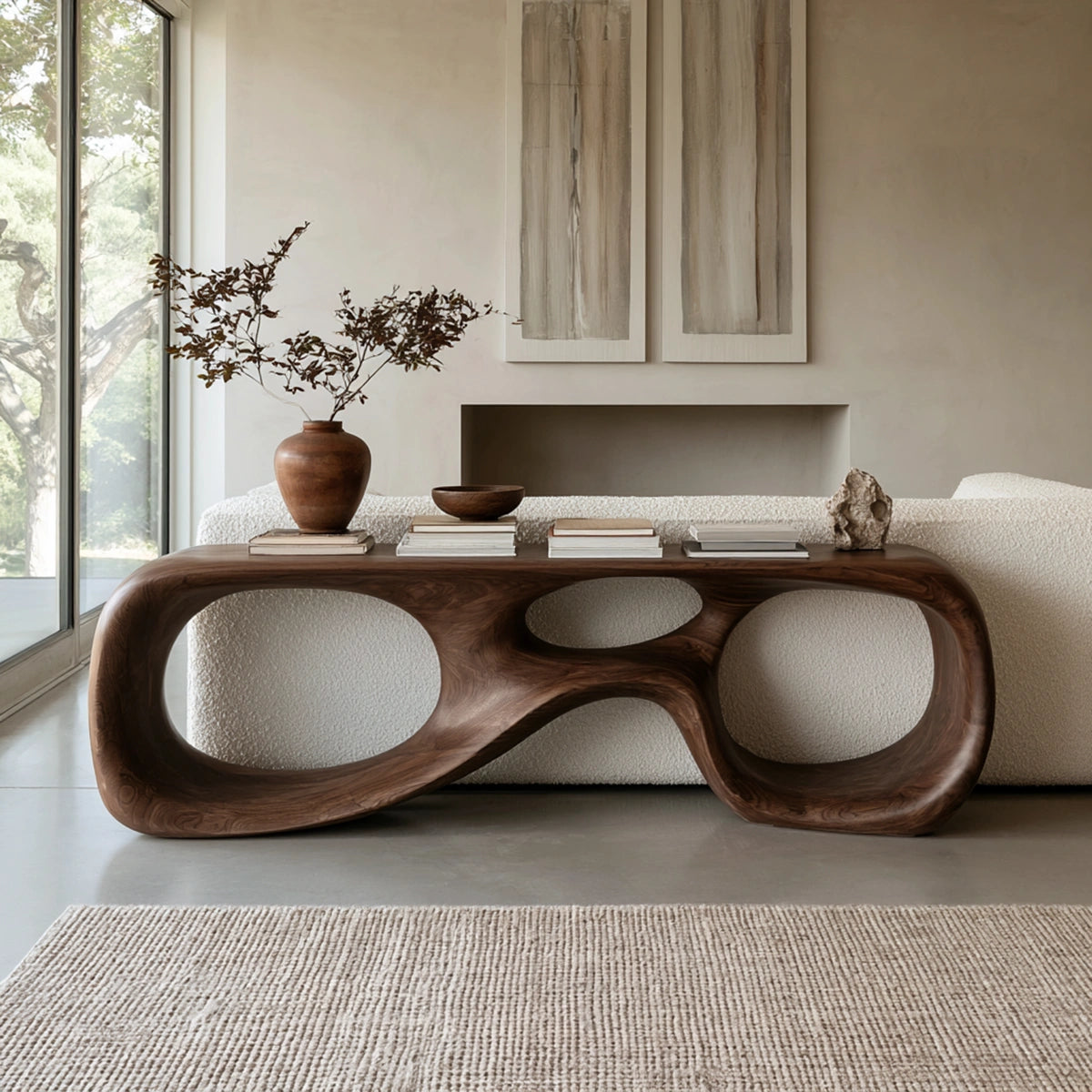 Console Table with Biomorphic Oval Openings in Natural Solid Wood - Woodenecho - 2