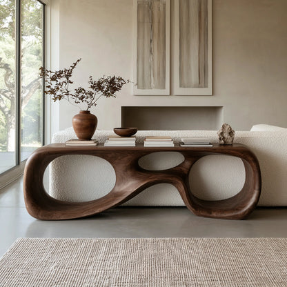Console Table with Biomorphic Oval Openings in Natural Solid Wood - Woodenecho - 2
