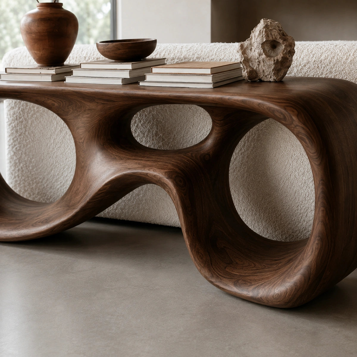 Console Table with Biomorphic Oval Openings in Natural Solid Wood - Woodenecho - 3