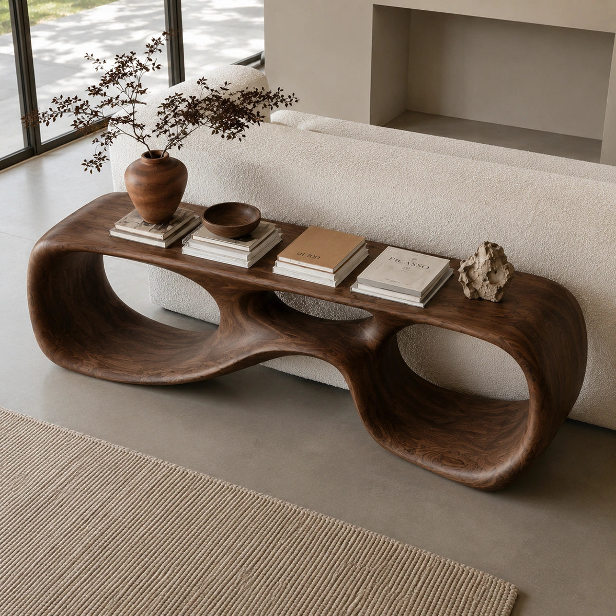 Console Table with Biomorphic Oval Openings in Natural Solid Wood - Woodenecho - 4