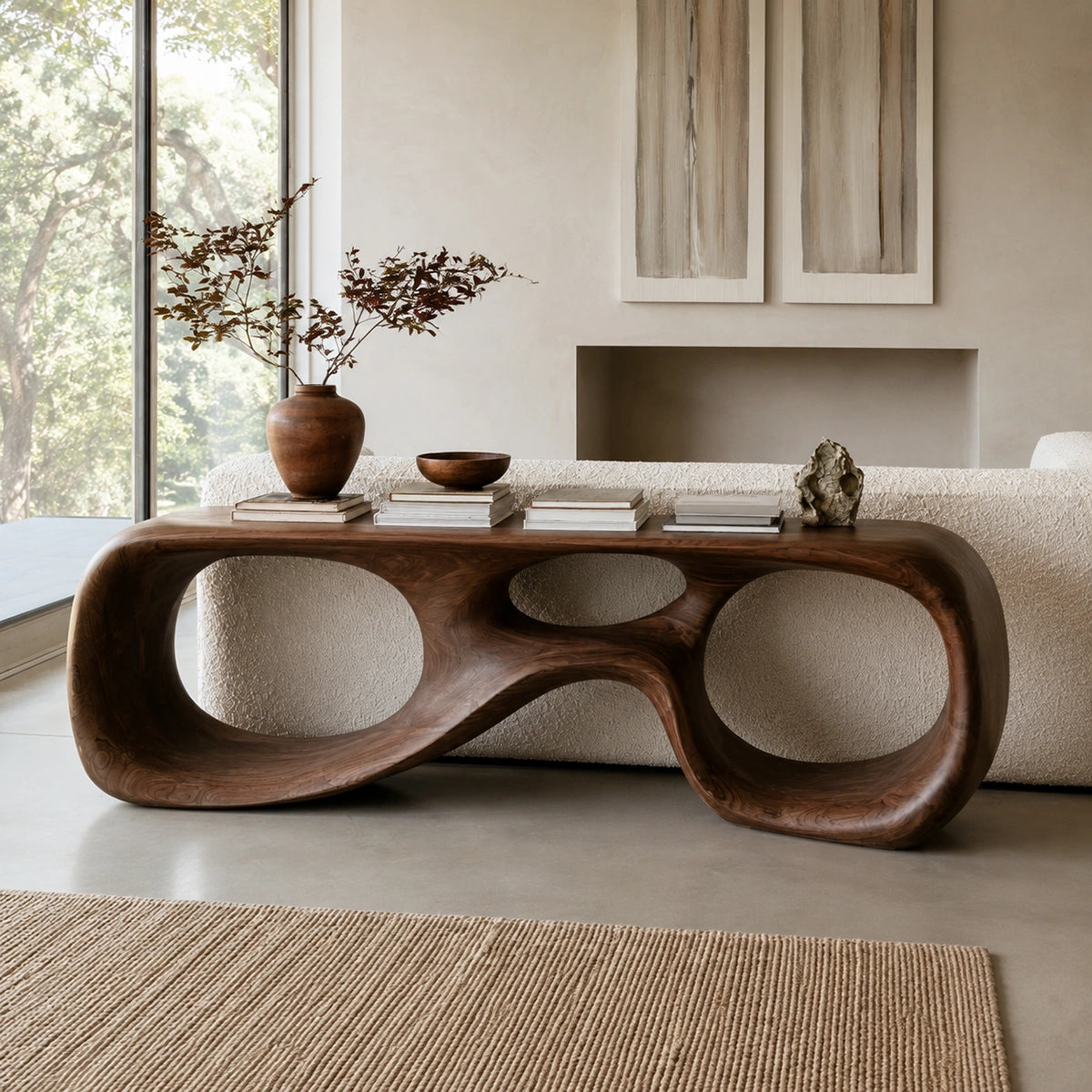Console Table with Biomorphic Oval Openings in Natural Solid Wood - Woodenecho - 6