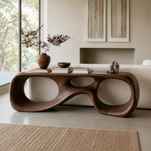 Console Table with Biomorphic Oval Openings in Natural Solid Wood - Woodenecho - 6