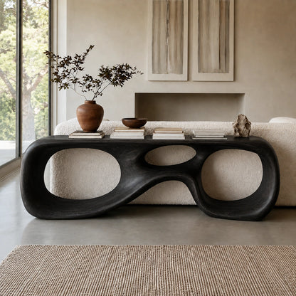 Console Table with Biomorphic Oval Openings in Natural Solid Wood - Woodenecho - 7