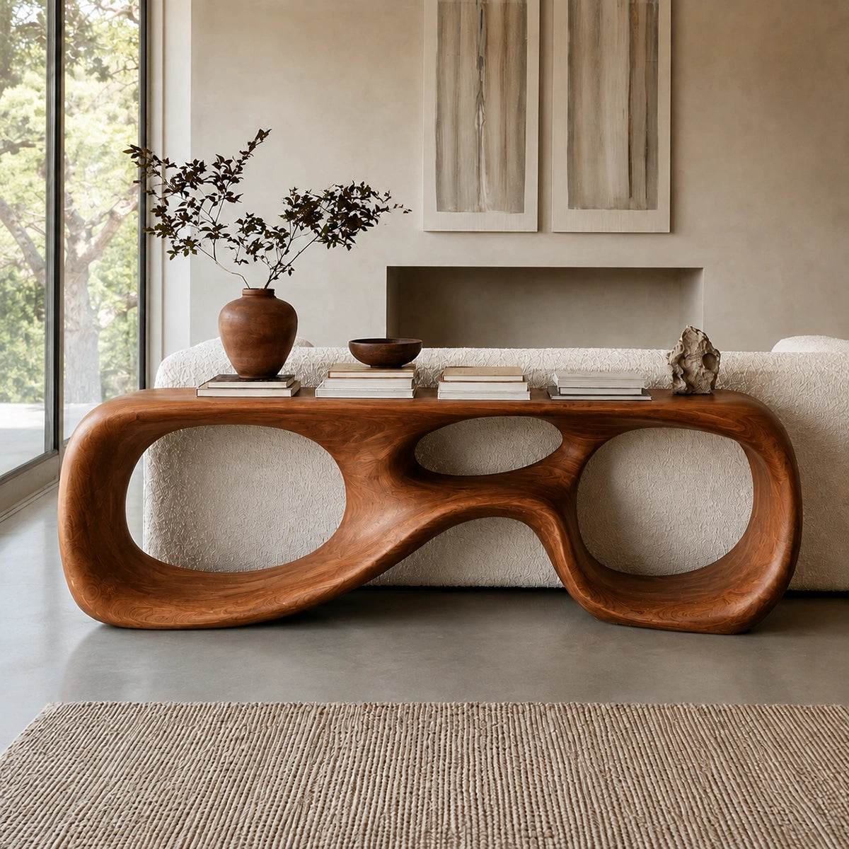 Console Table with Biomorphic Oval Openings in Natural Solid Wood - Woodenecho - 8