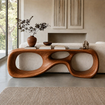 Console Table with Biomorphic Oval Openings in Natural Solid Wood - Woodenecho - 8