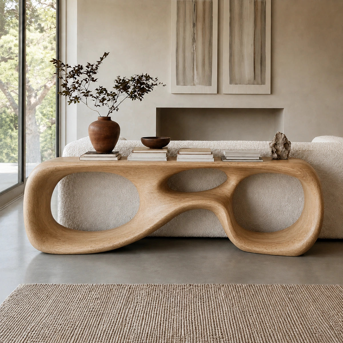Console Table with Biomorphic Oval Openings in Natural Solid Wood - Woodenecho - 9