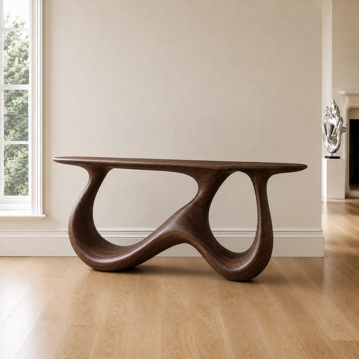 Console Table with Biomorphic Pedestal Base in Natural Solid Wood - Woodenecho - 1