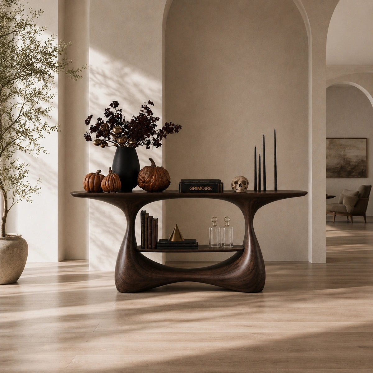 Console Table with Biomorphic Pedestal Base in Natural Solid Wood - Woodenecho - 1