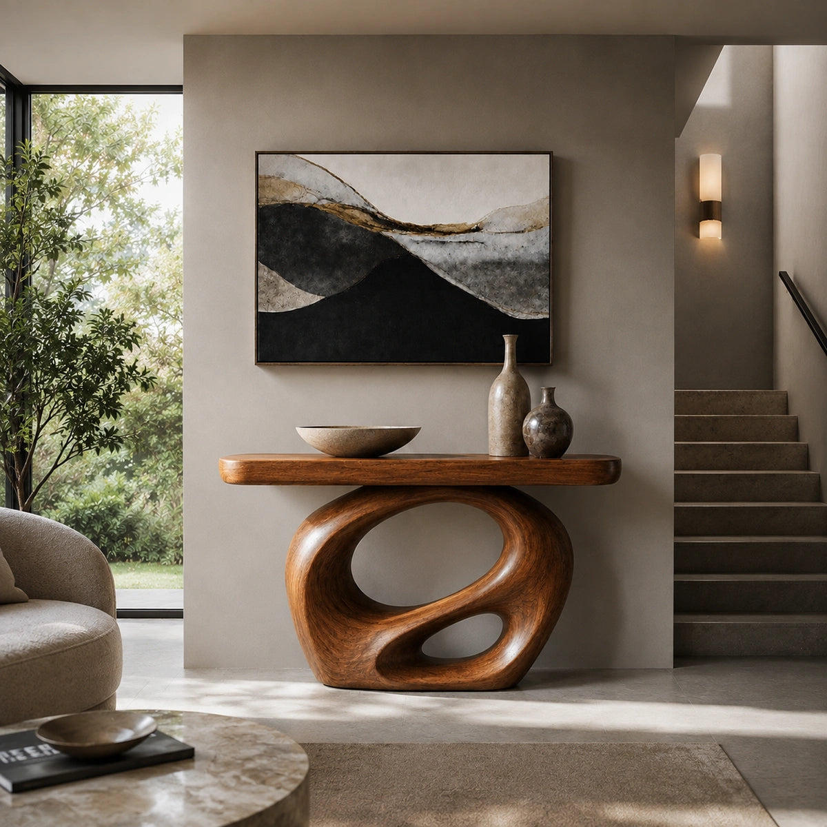 Console Table with Biomorphic Pedestal Base in Natural Solid Wood - Woodenecho - 1