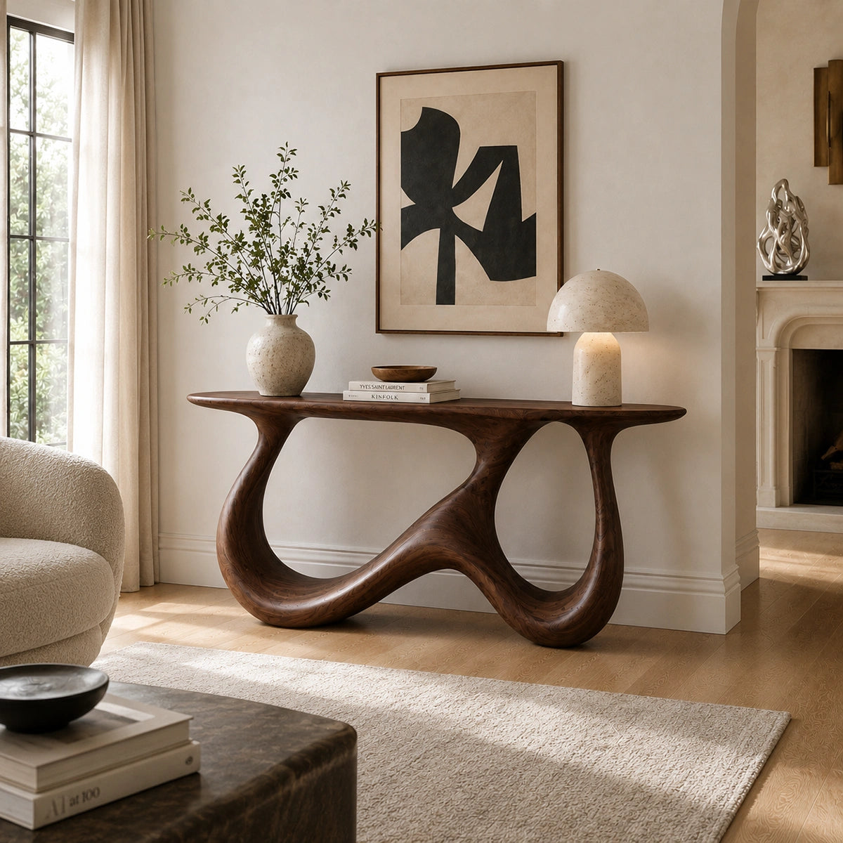Console Table with Biomorphic Pedestal Base in Natural Solid Wood - Woodenecho - 2