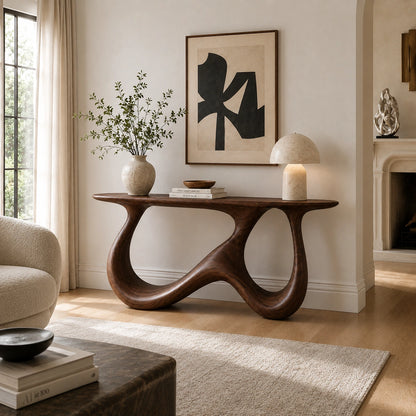 Console Table with Biomorphic Pedestal Base in Natural Solid Wood - Woodenecho - 2