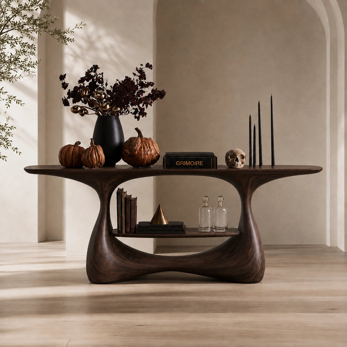 Console Table with Biomorphic Pedestal Base in Natural Solid Wood - Woodenecho - 2