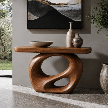 Console Table with Biomorphic Pedestal Base in Natural Solid Wood - Woodenecho - 2