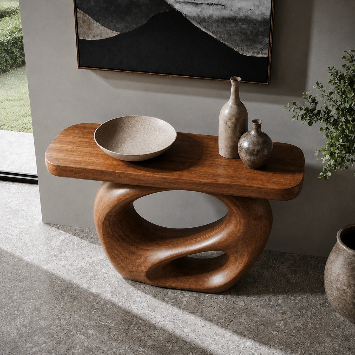 Console Table with Biomorphic Pedestal Base in Natural Solid Wood - Woodenecho - 4