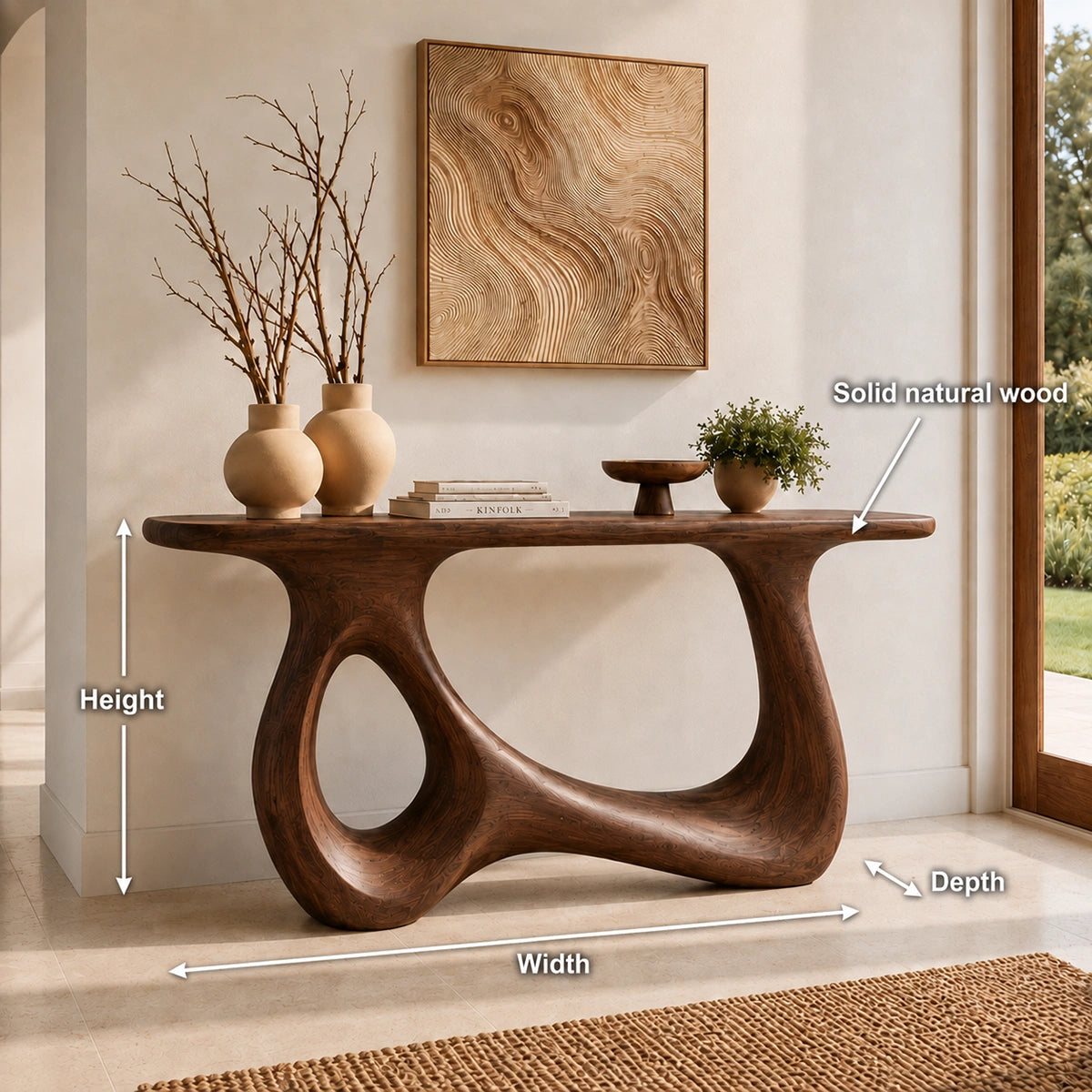 Console Table with Biomorphic Pedestal Base in Natural Solid Wood - Woodenecho - 5