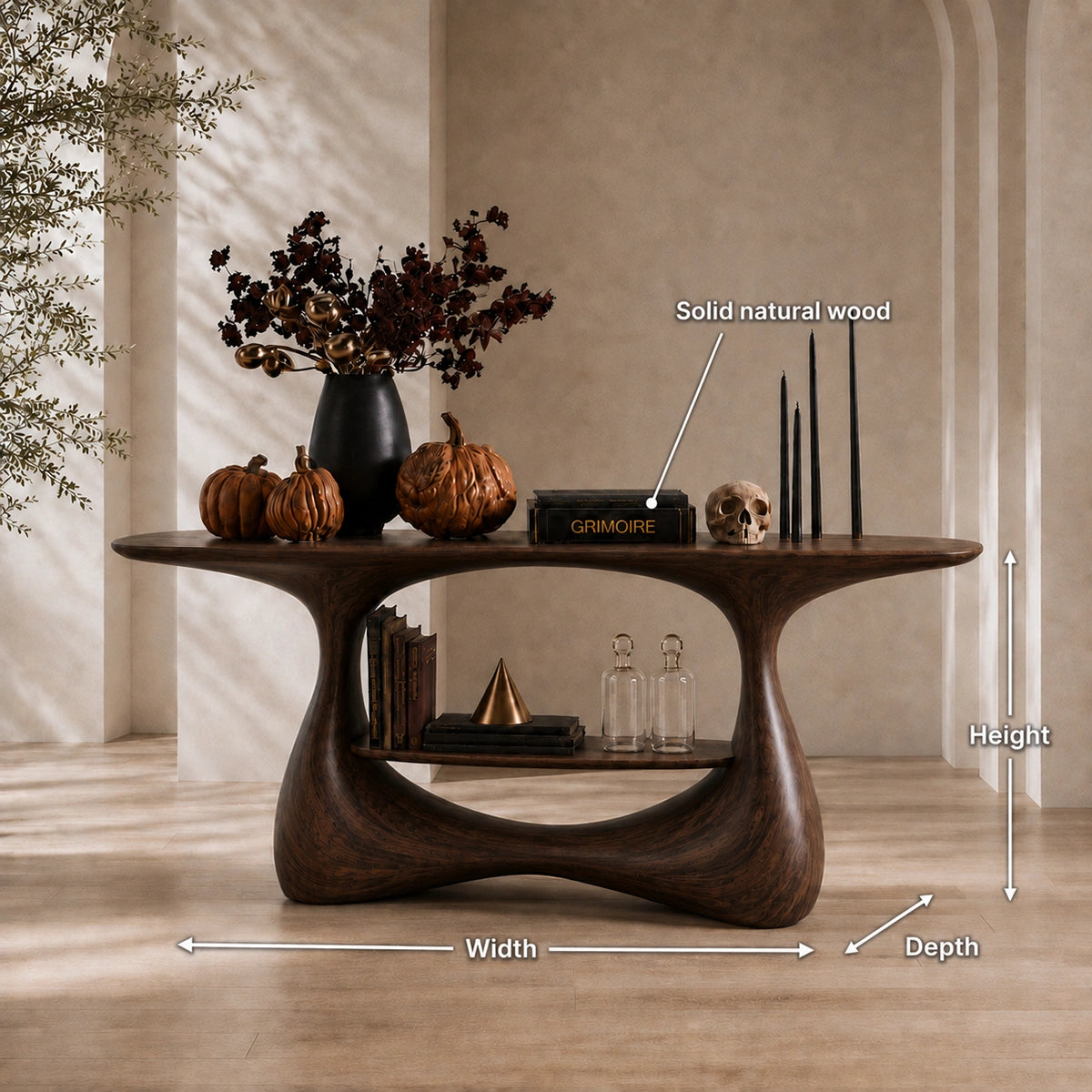 Console Table with Biomorphic Pedestal Base in Natural Solid Wood - Woodenecho - 5