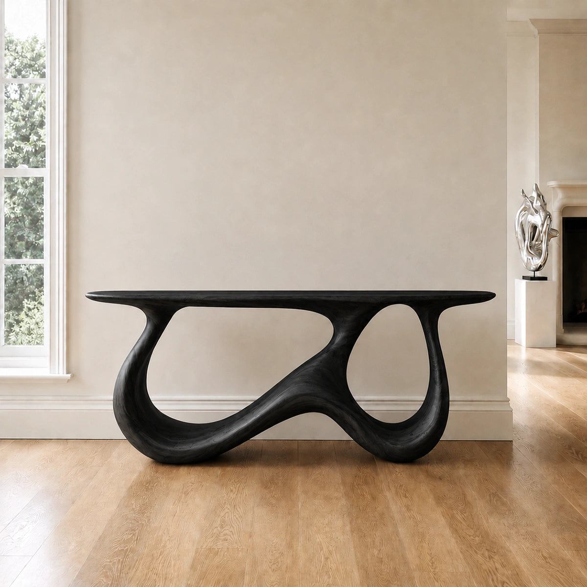 Console Table with Biomorphic Pedestal Base in Natural Solid Wood - Woodenecho - 7