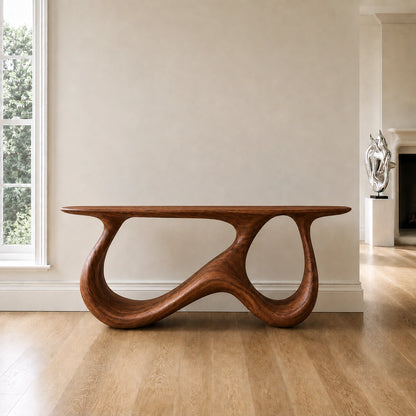 Console Table with Biomorphic Pedestal Base in Natural Solid Wood - Woodenecho - 8