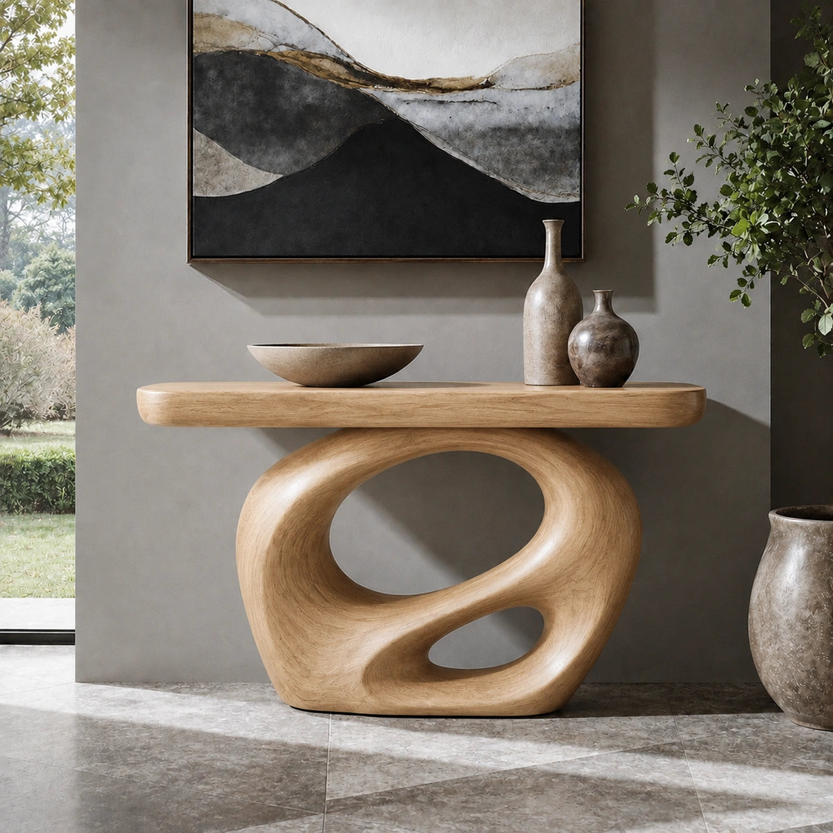 Console Table with Biomorphic Pedestal Base in Natural Solid Wood - Woodenecho - 8