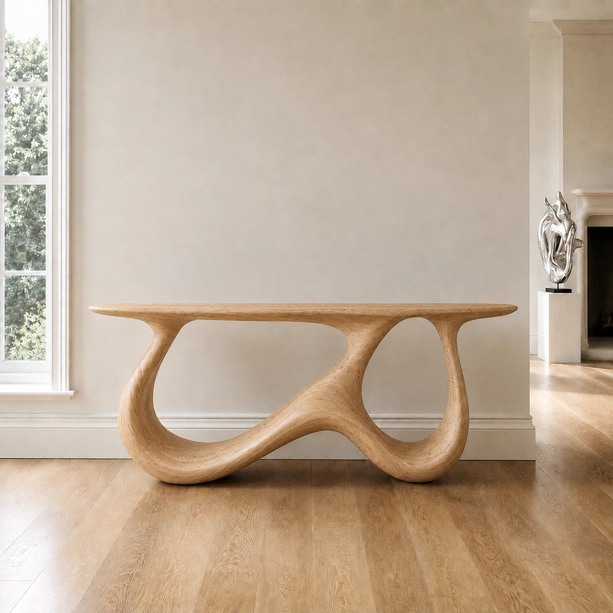 Console Table with Biomorphic Pedestal Base in Natural Solid Wood - Woodenecho - 9