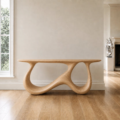 Console Table with Biomorphic Pedestal Base in Natural Solid Wood - Woodenecho - 9