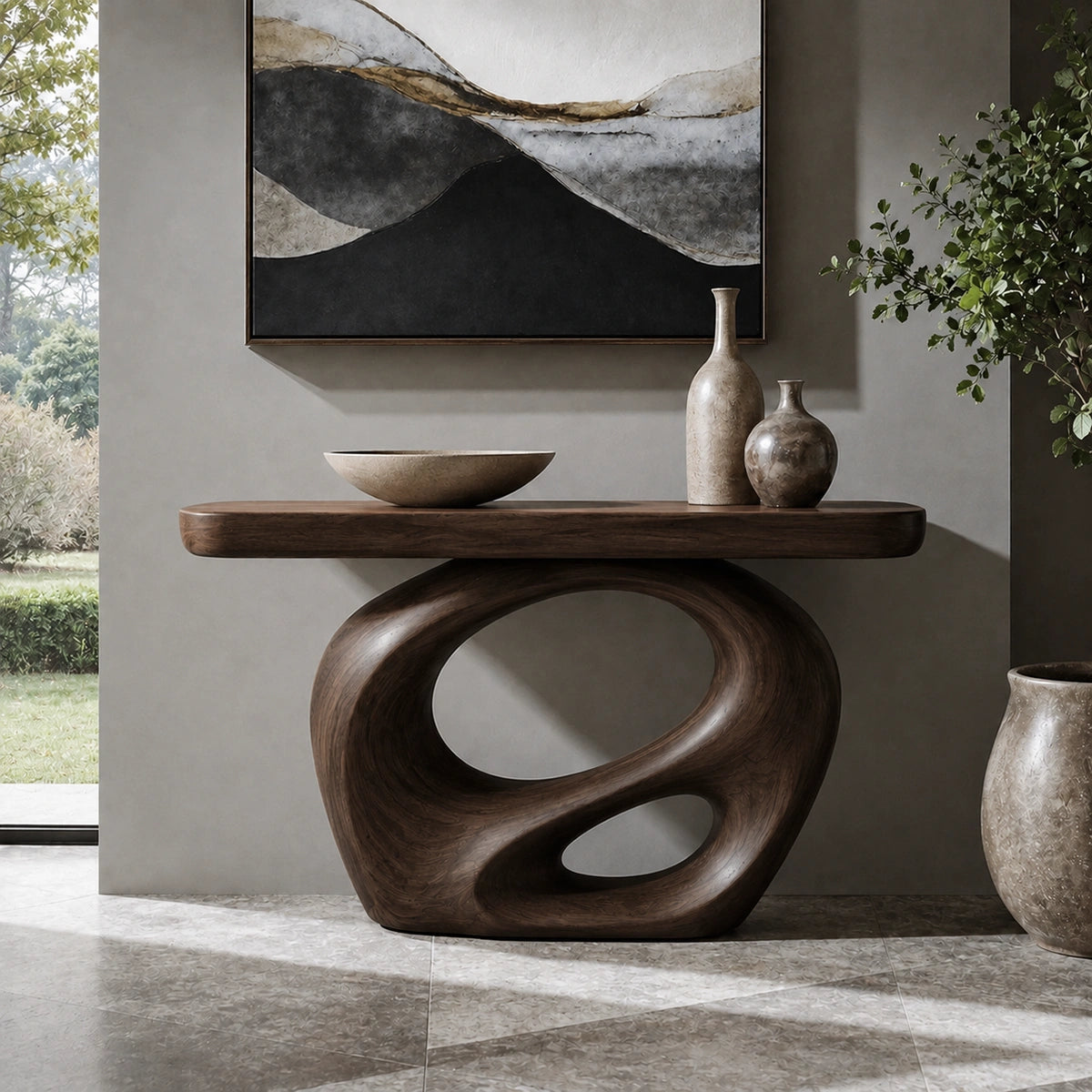 Console Table with Biomorphic Pedestal Base in Natural Solid Wood - Woodenecho - 9
