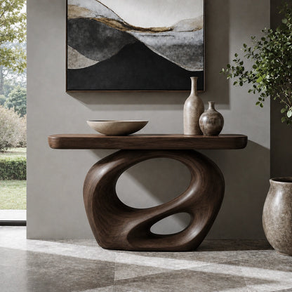 Console Table with Biomorphic Pedestal Base in Natural Solid Wood - Woodenecho - 9