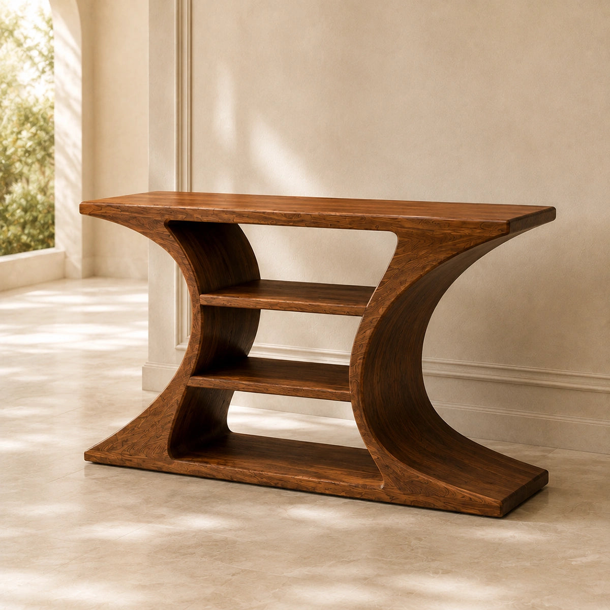 Console Table with Curved Hourglass Base in Natural Solid Wood for - Woodenecho - 1