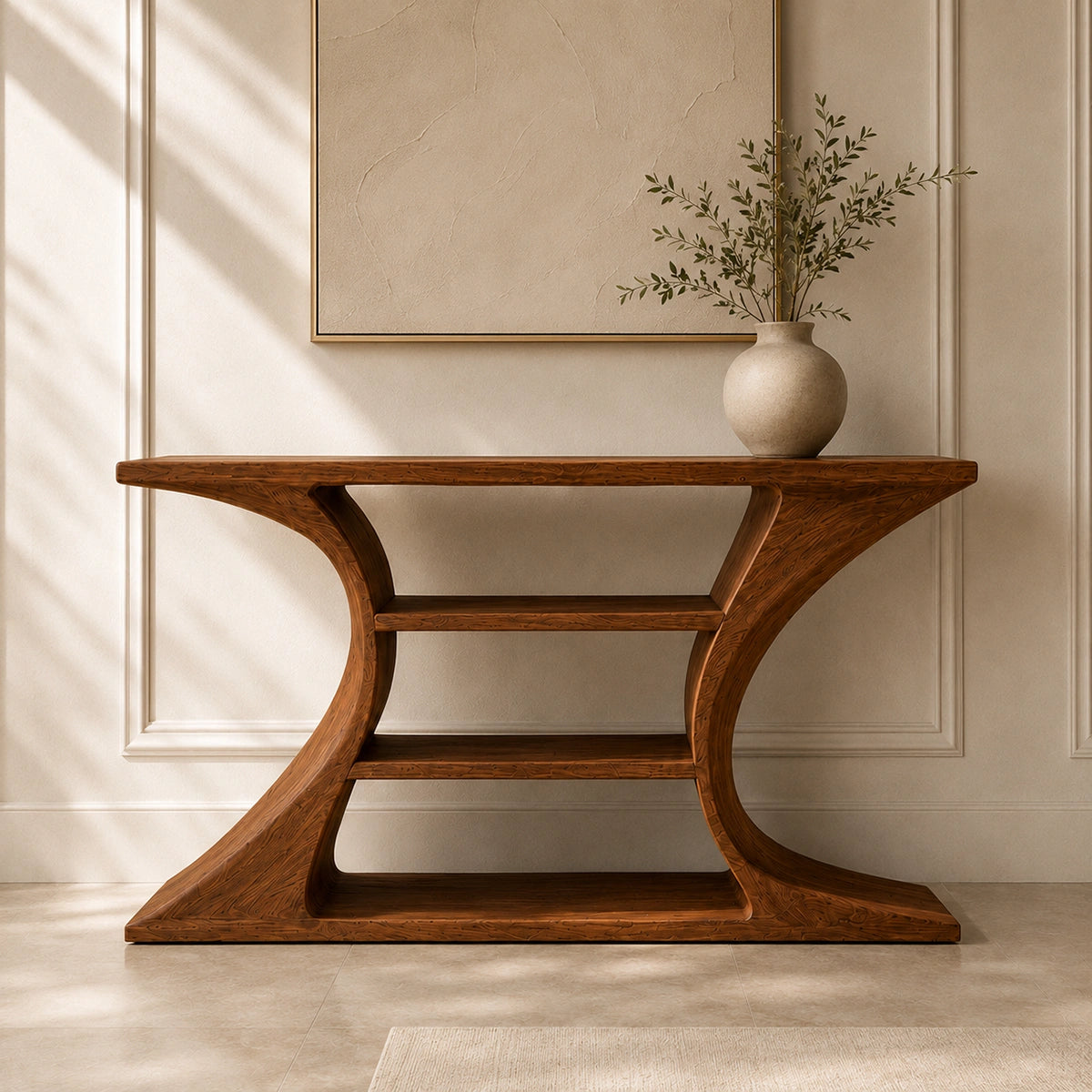 Console Table with Curved Hourglass Base in Natural Solid Wood for - Woodenecho - 2