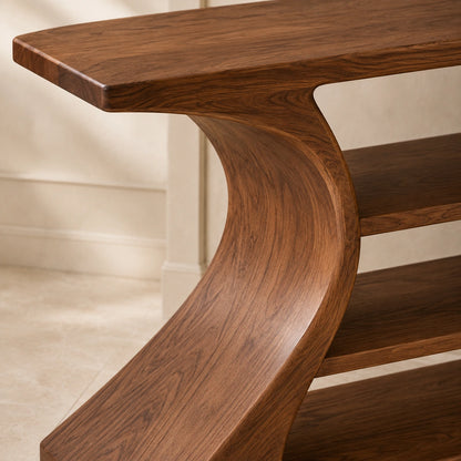 Console Table with Curved Hourglass Base in Natural Solid Wood for - Woodenecho - 3