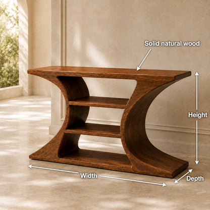 Console Table with Curved Hourglass Base in Natural Solid Wood for - Woodenecho - 5