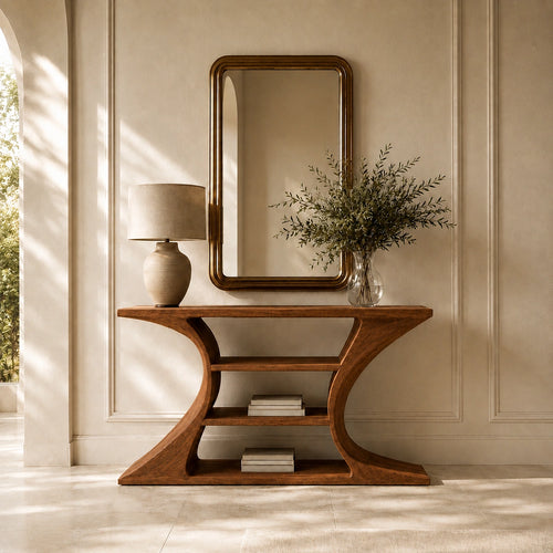 Console Table with Curved Hourglass Base in Natural Solid Wood for - Woodenecho - 6