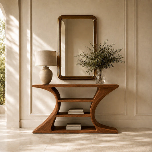 Console Table with Curved Hourglass Base in Natural Solid Wood for - Woodenecho - 6