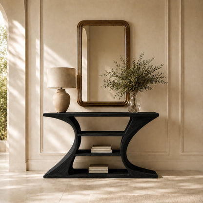 Console Table with Curved Hourglass Base in Natural Solid Wood for - Woodenecho - 7