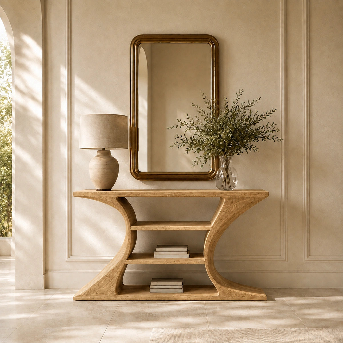 Console Table with Curved Hourglass Base in Natural Solid Wood for - Woodenecho - 8